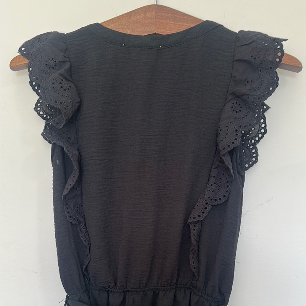 Black Romper with Eyelet Ruffle & Tie Front - Picture 3 of 4
